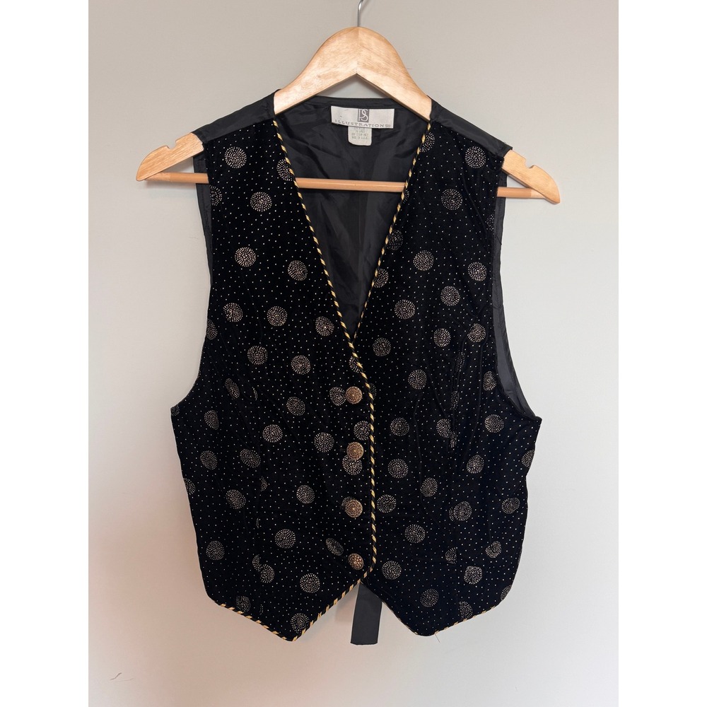 ILLUSTRATION 50 | Velvet Vest Women M Black Gold Polka Dot Vintage Waistcoat